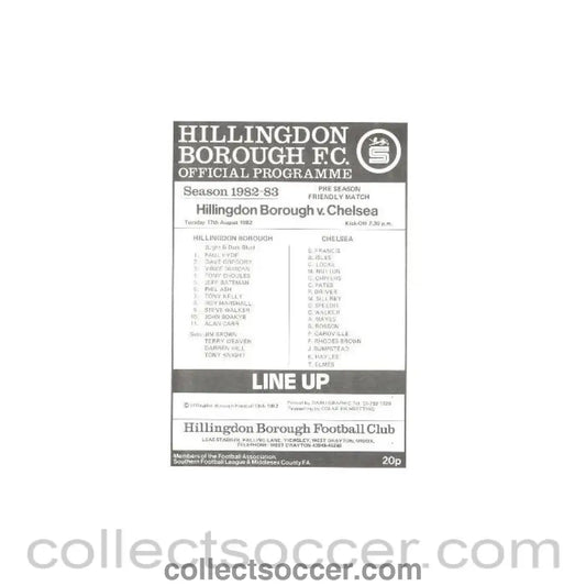 1982 - Hillingdon Borough vChelsea official programme 17/08/1982 - Collect Soccer