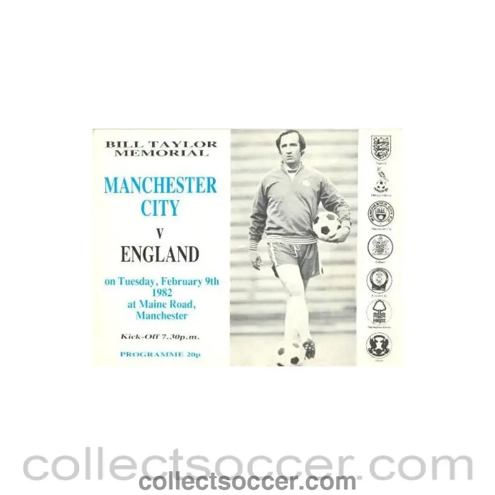 1982 - Manchester City v England official programme 09/02/1982 Bill Taylor Memorial Match - Collect Soccer