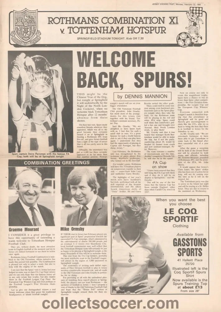1982 Rothmans Combination XI Jersey v Tottenham Hotspur Programme Friendly Programme