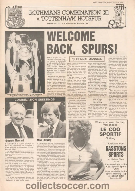 1982 Rothmans Combination XI Jersey v Tottenham Hotspur Programme Friendly Programme