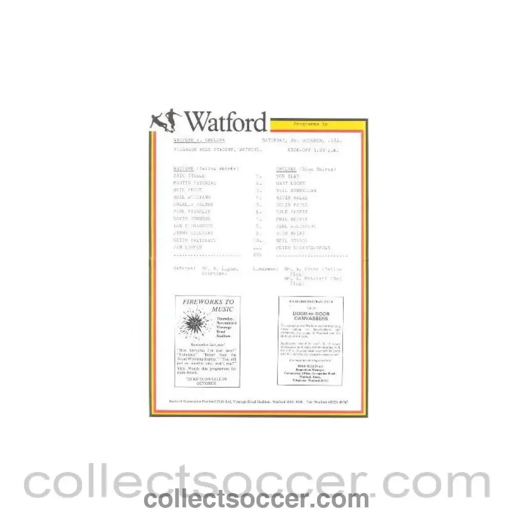 1982 - Watford v Chelsea official teamsheet 02/10/1982 - Collect Soccer