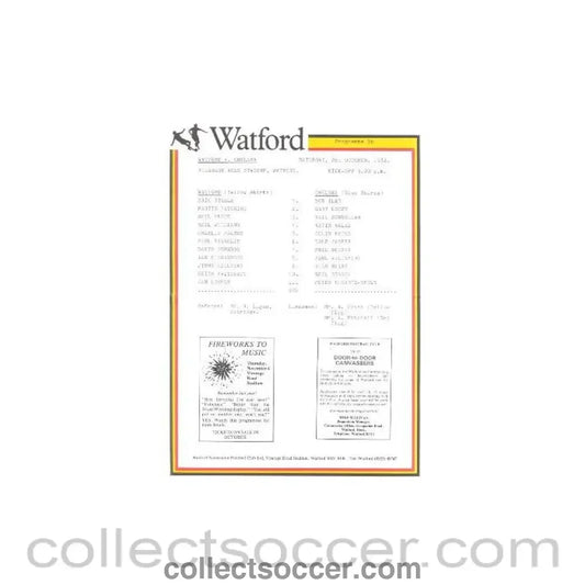 1982 - Watford v Chelsea official teamsheet 02/10/1982