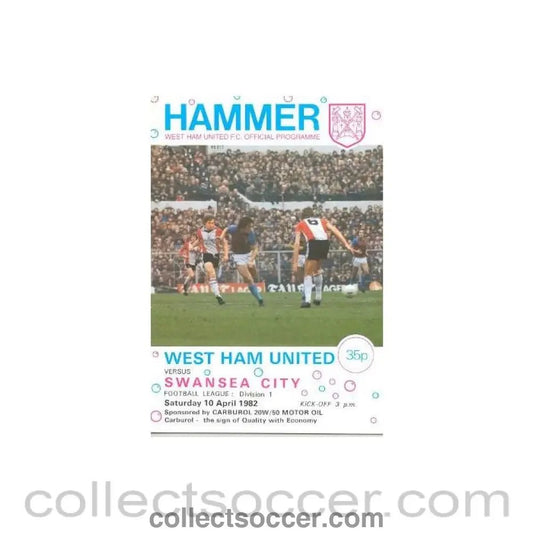 1982 - West Ham United v Swansea City official programme 10/04/1982 Football League - Collect Soccer