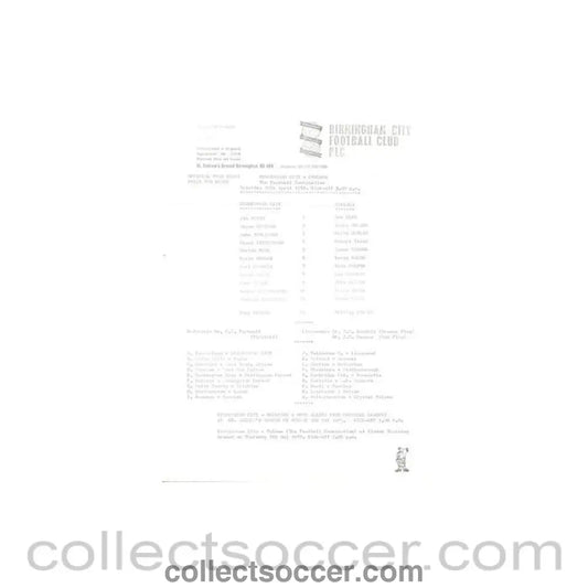 1983 - Birmingham City v Chelsea Reserves official teamsheet 30/04/1983 Football Combination - Collect Soccer