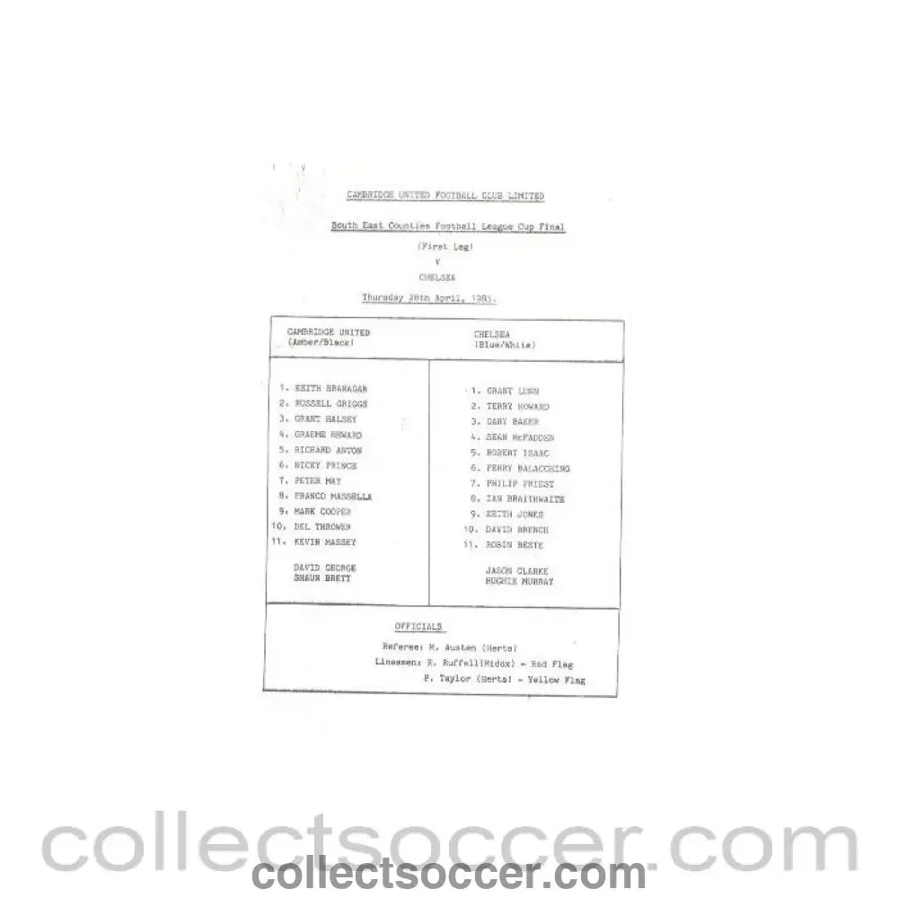 1983 - Cambridge United v Chelsea official teamsheet 28/04/1983 South East Counties League Cup Final