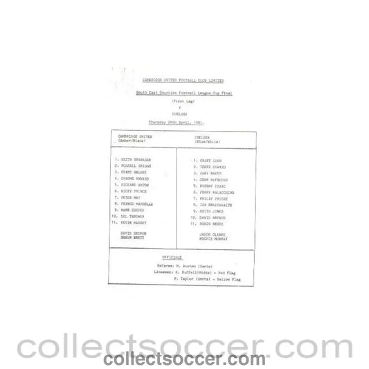 1983 - Cambridge United v Chelsea official teamsheet 28/04/1983 South East Counties League Cup Final - Collect Soccer