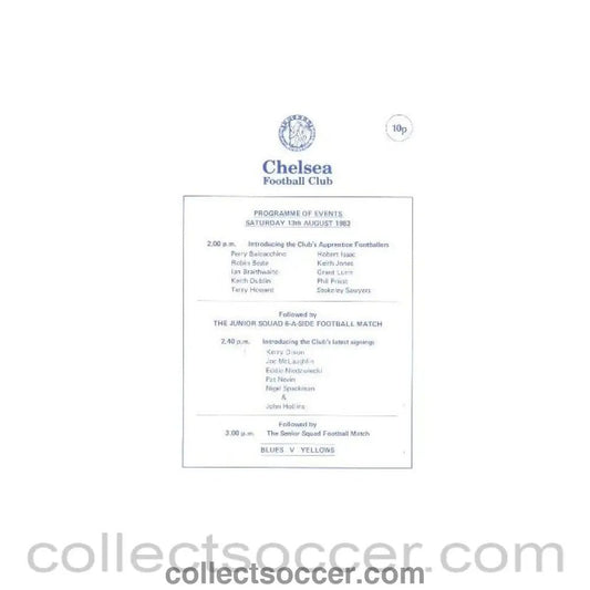 1983 - Chelsea Programme of Events 13/08/1983 training match - Collect Soccer