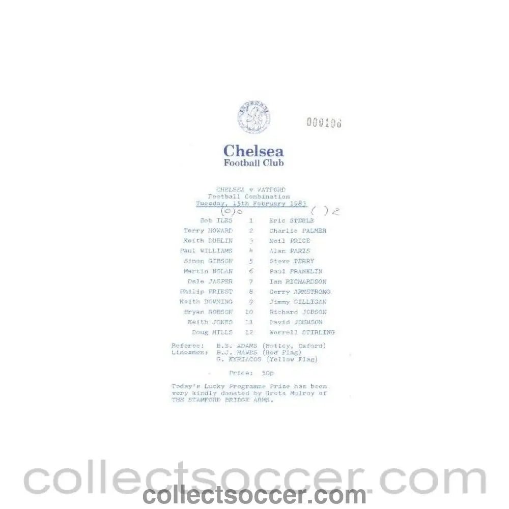 1983 - Chelsea Reserves v Watford Reserves official programme 15/02/1983 - Collect Soccer