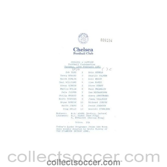 1983 - Chelsea Reserves v Watford Reserves official programme 15/02/1983