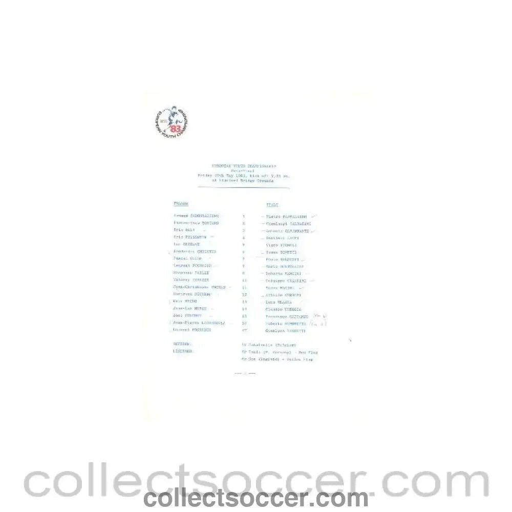 1983 - France v Italy European Youth Tournament 20/05/1983 semi - final official teamsheet - Collect Soccer