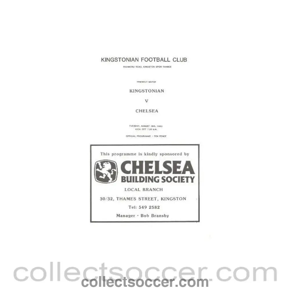 1983 - Kingstonian vChelsea official programme 16/08/1983 - Collect Soccer