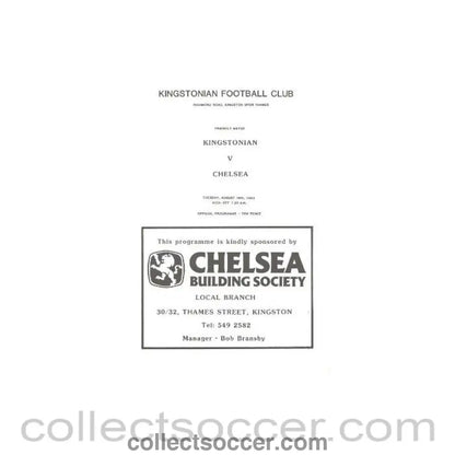 1983 - Kingstonian vChelsea official programme 16/08/1983 - Collect Soccer