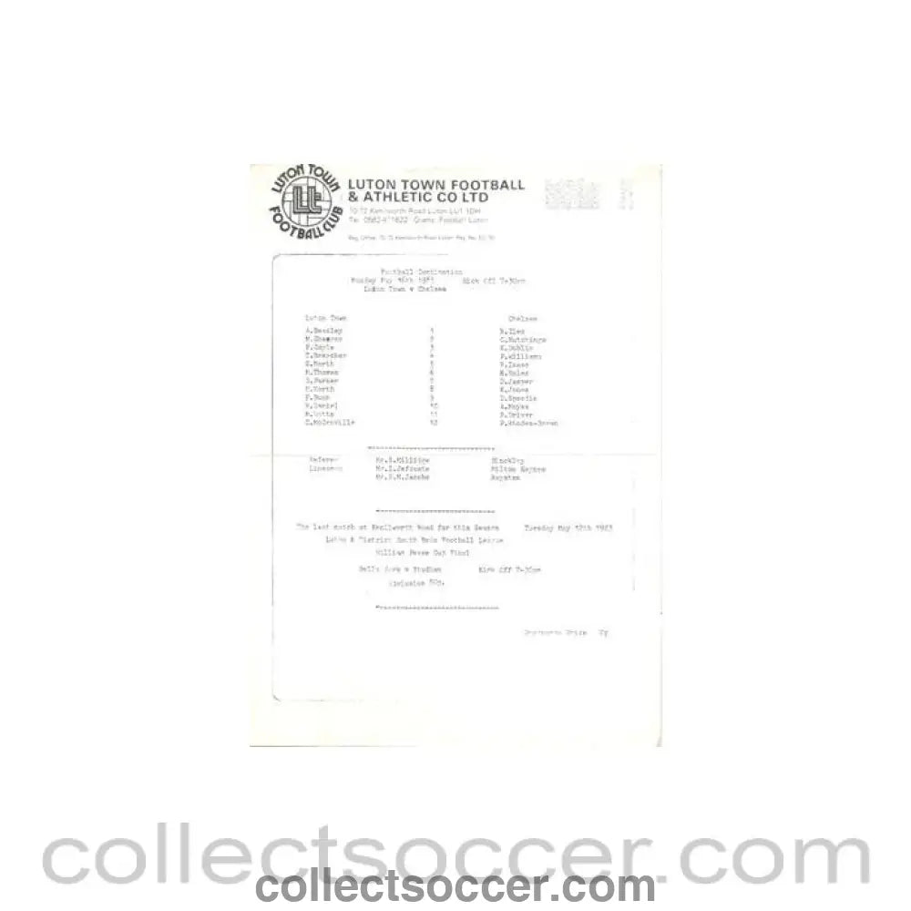 1983 - Luton Town v Chelsea Reserves official colour teamsheet 16/05/1983 Football Combination - Collect Soccer