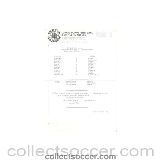 1983 - Luton Town v Chelsea Reserves official colour teamsheet 16/05/1983 Football Combination - Collect Soccer