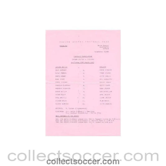 1983 - Oxford United v Chelsea official teamsheet 30/03/1983 Reserves - Collect Soccer