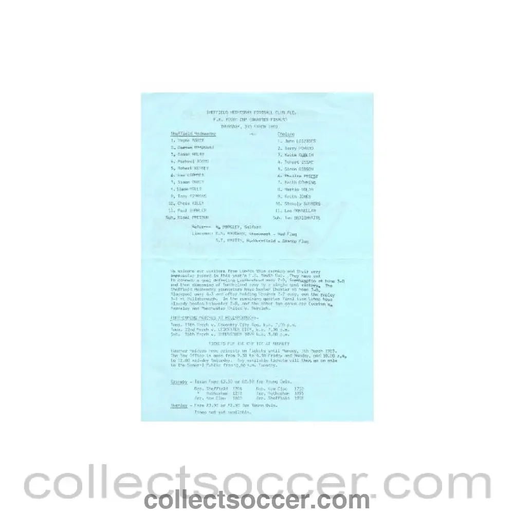1983 - Sheffield Wednesday v Chelsea official teamsheet 03/03/1983 FA Cup - Collect Soccer
