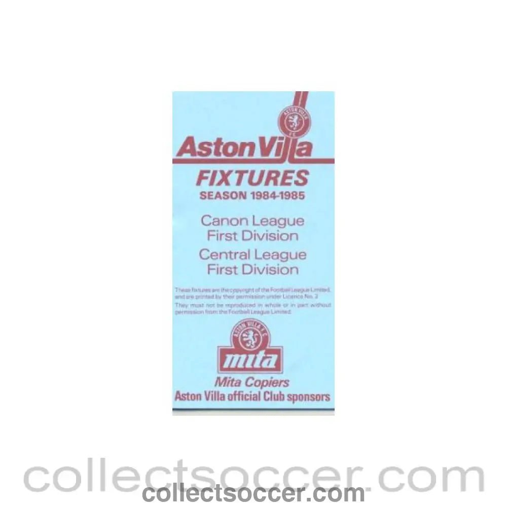 1984 - Aston Villa Fixtures 1984-85 - Collect Soccer