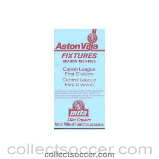 1984 - Aston Villa Fixtures 1984-85 - Collect Soccer