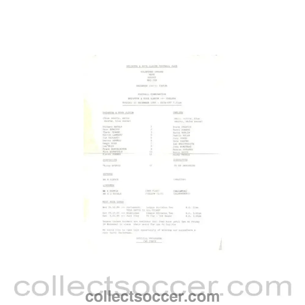 1984 - Brighton v Chelsea Reserves official teamsheet 11/12/1984 Football Combination - Collect Soccer
