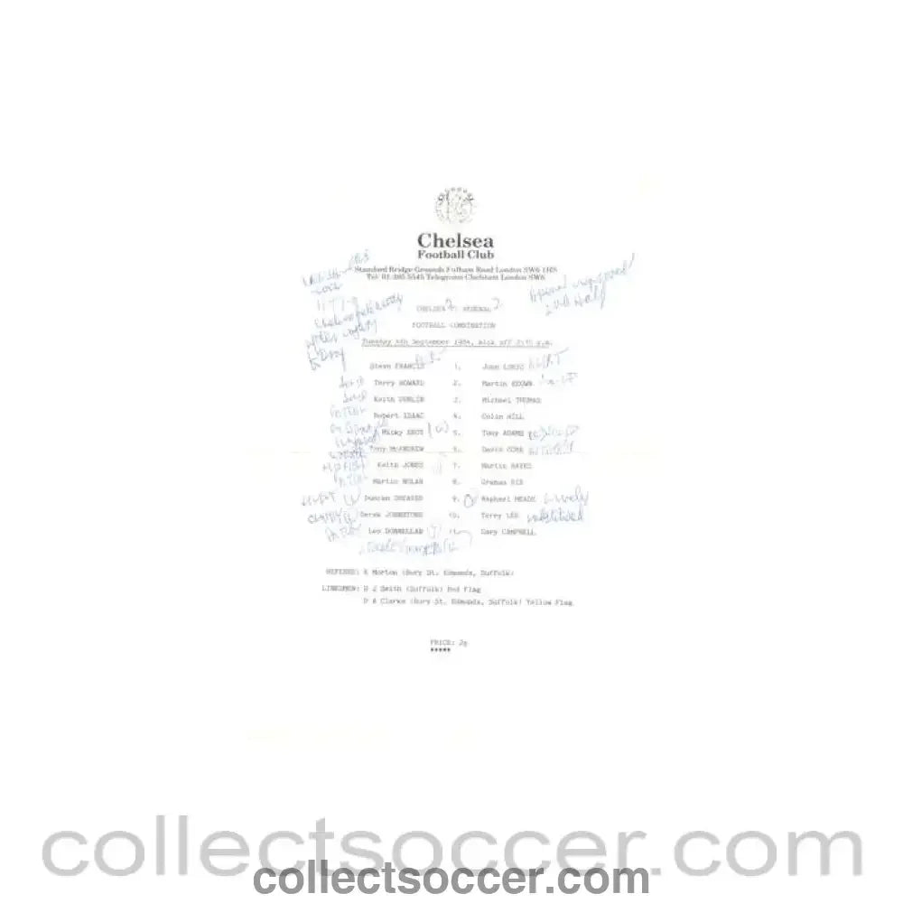 1984 - Chelsea v Arsenal Reserves official teamsheet 04/09/1984 Football Combination - Collect Soccer