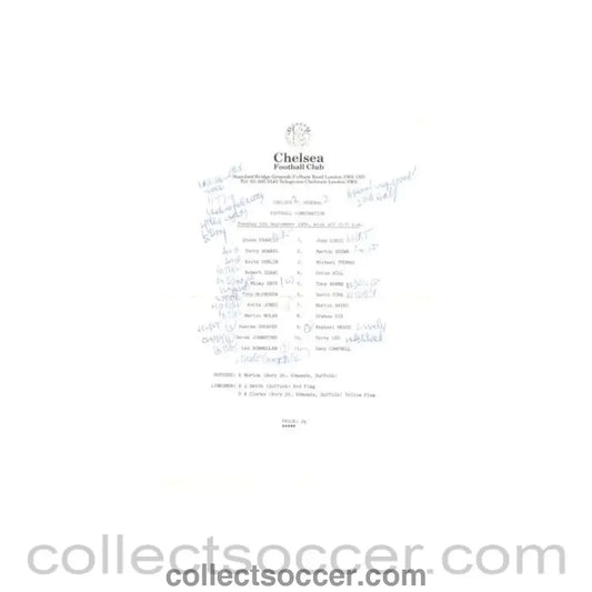 1984 - Chelsea v Arsenal Reserves official teamsheet 04/09/1984 Football Combination