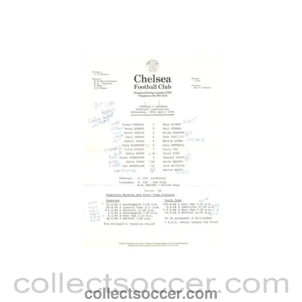 1984 - Chelsea v Arsenal Reserves official teamsheet 18/04/1984 Football Combination - Collect Soccer