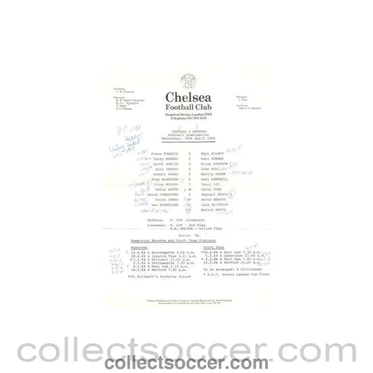 1984 - Chelsea v Arsenal Reserves official teamsheet 18/04/1984 Football Combination