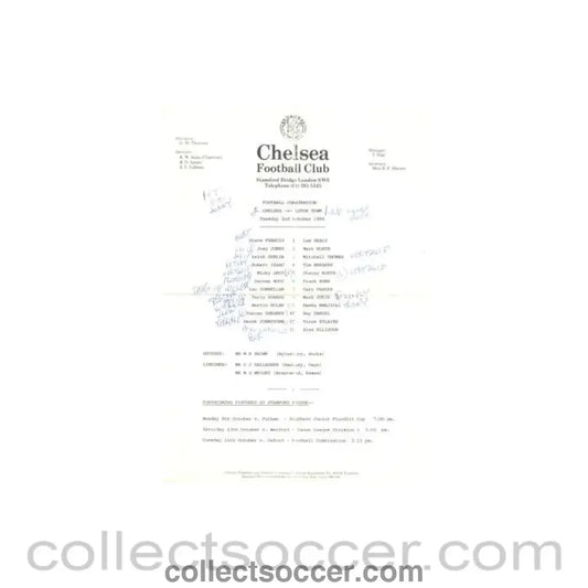 1984 - Chelsea v Luton Town Reserves official teamsheet 02/10/1984 Football Combination - Collect Soccer