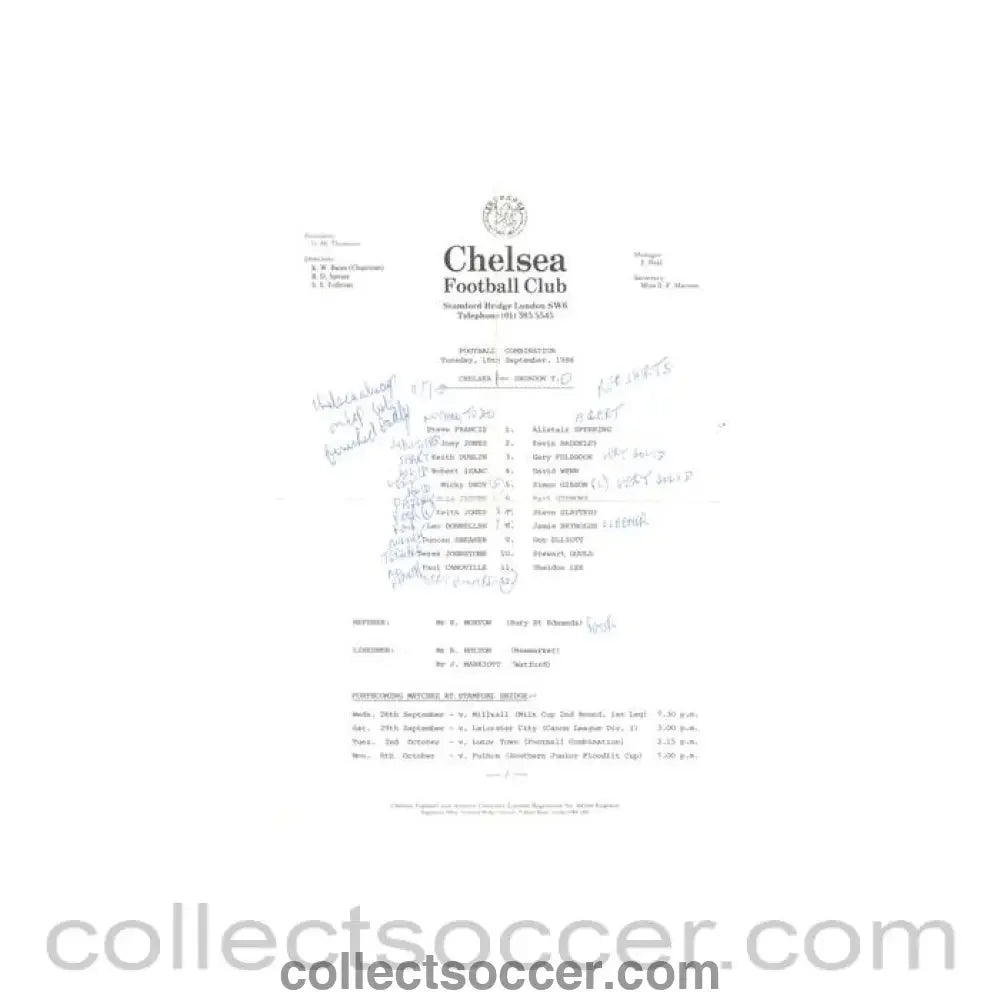 1984 - Chelsea v Swindon Town Reserves official teamsheet 18/09/1984 Football Combination - Collect Soccer