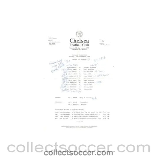 1984 - Chelsea v Swindon Town Reserves official teamsheet 18/09/1984 Football Combination - Collect Soccer