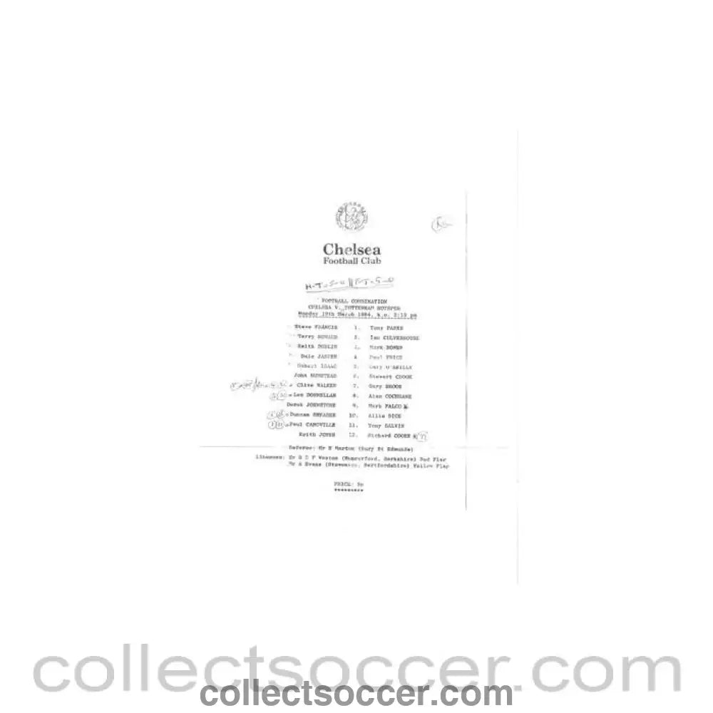1984 - Chelsea v Tottenham Hotspur Reserves official teamsheet 19/03/1984 Football Combination - Collect Soccer