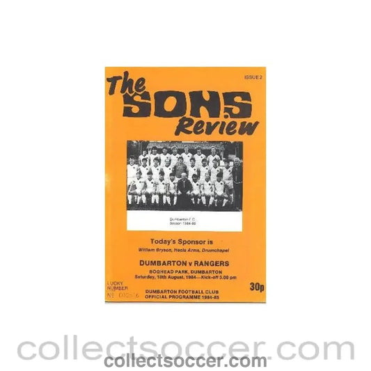 1984 - Dumbarton v Glasgow Rangers official programme 18/08/1984 - Collect Soccer