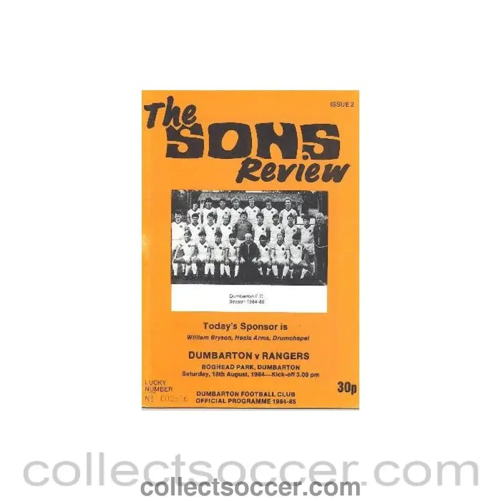 1984 - Dumbarton v Glasgow Rangers official programme 18/08/1984 - Collect Soccer