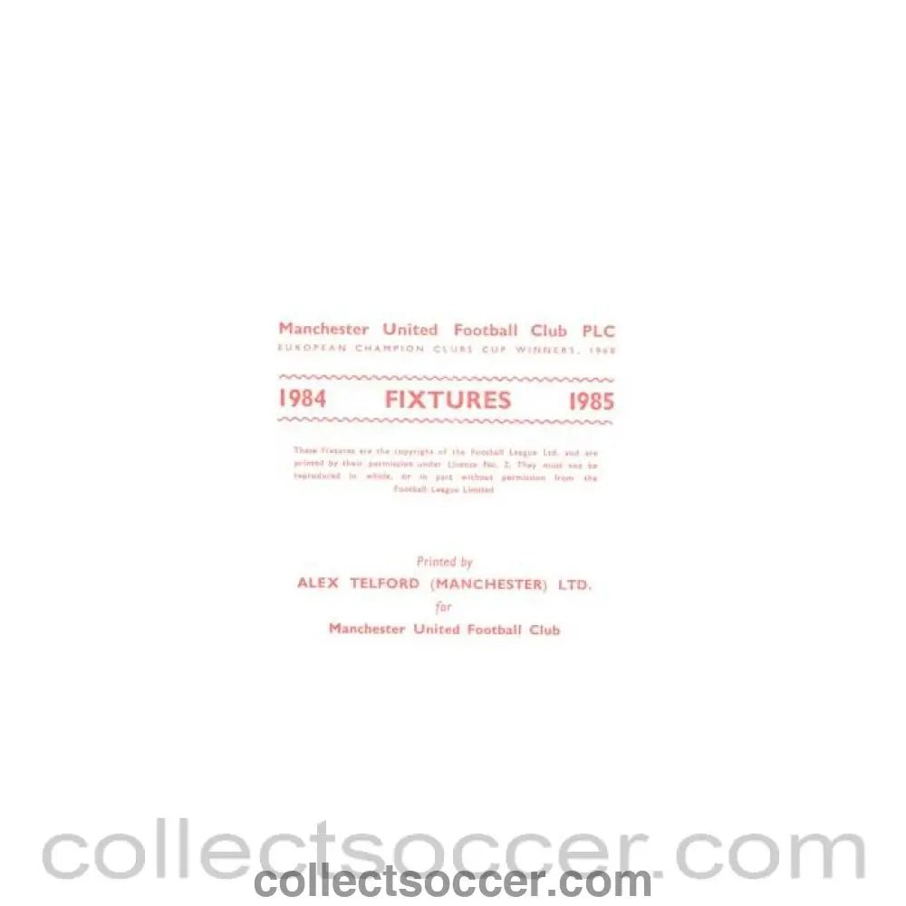 1984 - Manchester United fixtures 1984-1985 - Collect Soccer