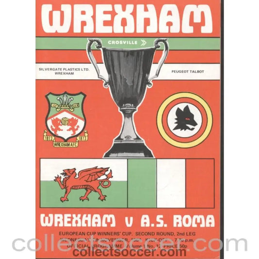 1984 - Wrexham v A.S. Roma Cup Winners Cup 2nd Round 2nd Leg Official Football Programme - Collect Soccer