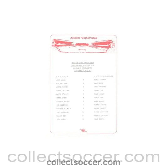 1985 - Arsenal v Southampton official teamsheet 20/08/1985 Canon League