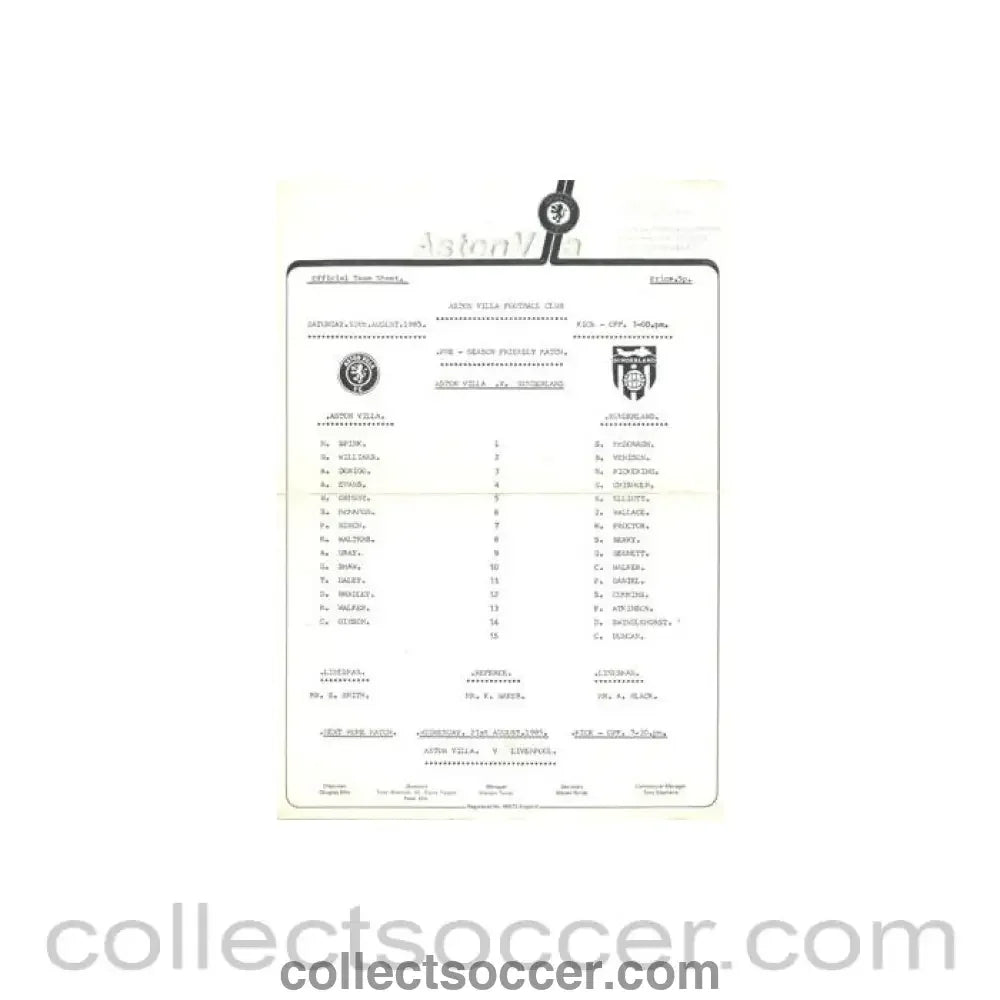 1985 - Aston Villa v Sunderland official teamsheet 10/08/1985 Pre - Season Friendly Match - Collect Soccer