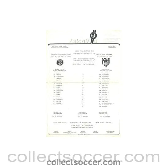 1985 - Aston Villa v Sunderland official teamsheet 10/08/1985 Pre-Season Friendly Match