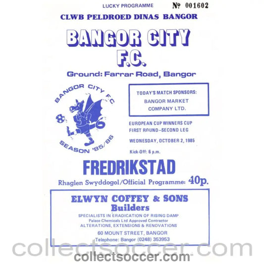 1985 Bangor City v Fredrikstad Football Programme - Collect Soccer