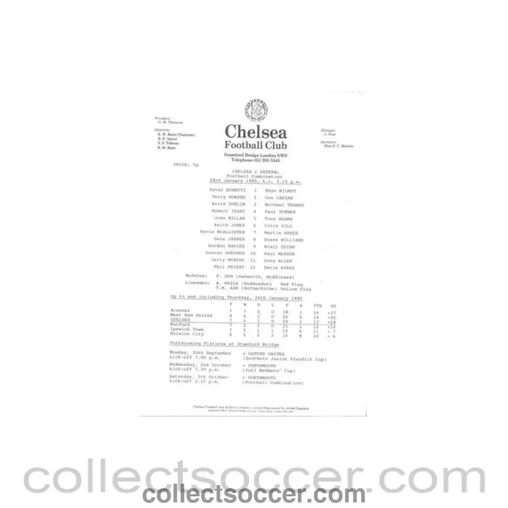 1985 - Chelsea v Arsenal Reserves teamsheet 28/01/1985 Football Combination - Collect Soccer