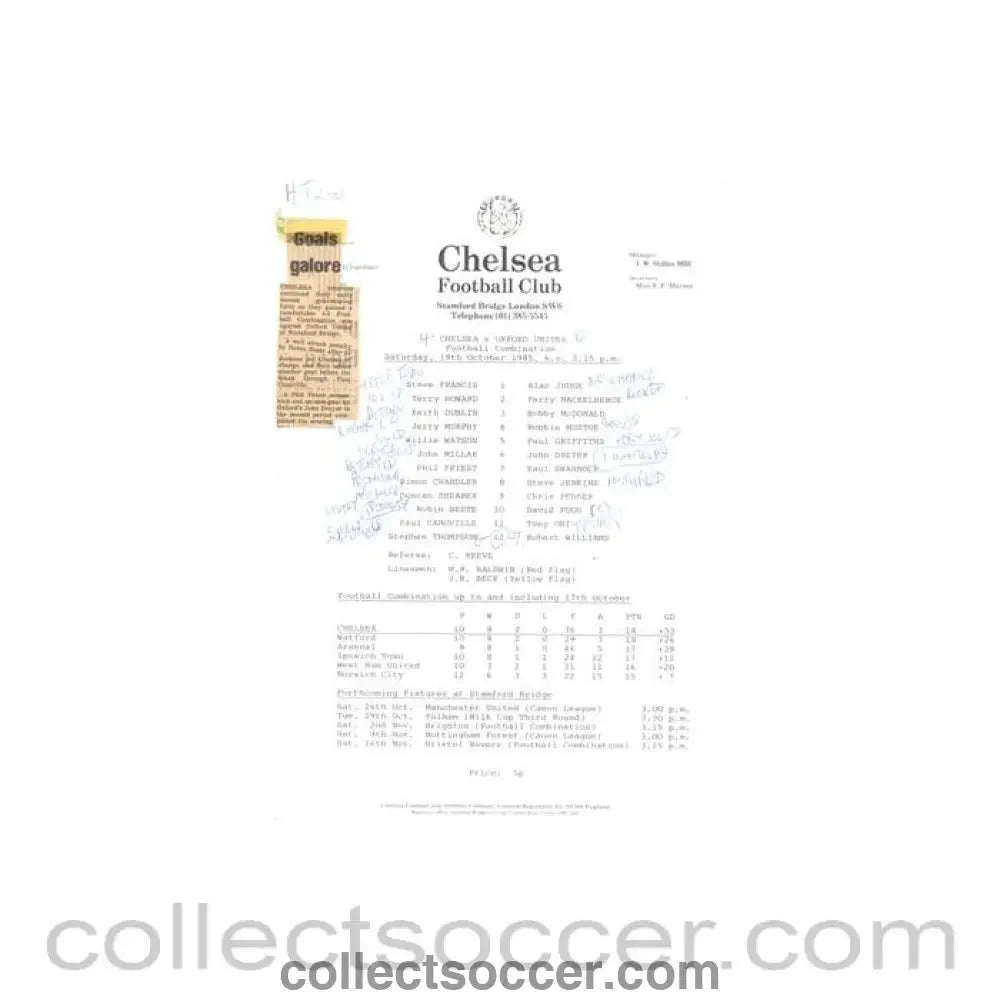 1985 - Chelsea v Oxford United Reserves official teamsheet 19/10/1985 Football Combination, with a newspaper cutting - Collect Soccer