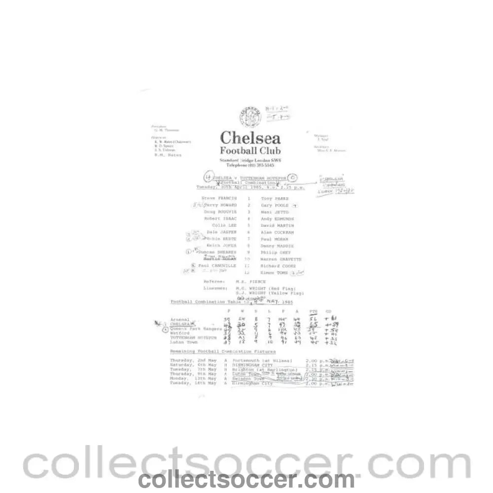 1985 - Chelsea v Tottenham Hotspur Reserves official teamsheet 30/04/1985 Football Combination - Collect Soccer