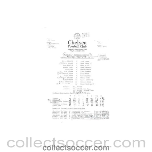 1985 - Chelsea v Tottenham Hotspur Reserves official teamsheet 30/04/1985 Football Combination - Collect Soccer