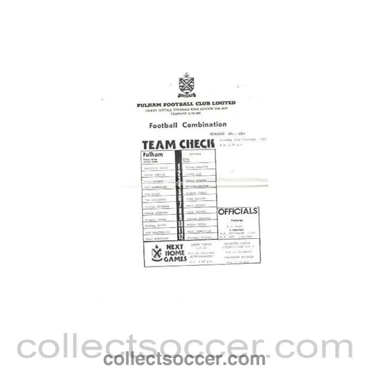 1985 - Fulham Reserves vChelsea Reserves official programme 17/12/1985