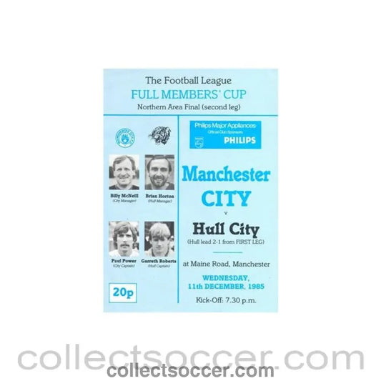 1985 - Manchester City v Hull City official programme 11/12/1985 Football League Full Members' Cup Northern Area Final 2nd Leg - Collect Soccer