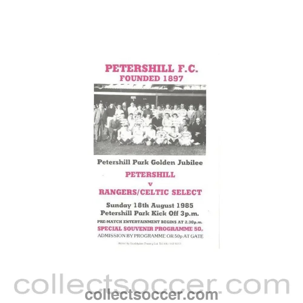 1985 - Petershill v Glasgow Rangers/Celtic Select official programme 18/08/1985 Friendly - Collect Soccer