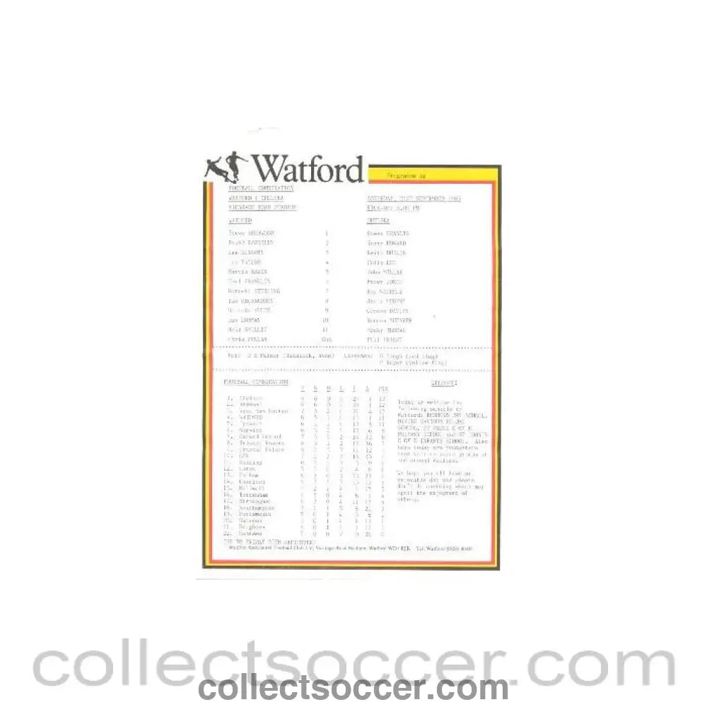 1985 - Watford Reserves vChelsea Reserves official programme 21/09/1985