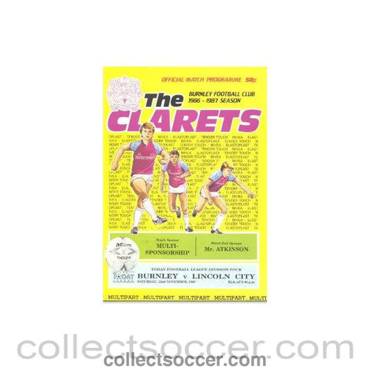 1986 - Burnley v Lincoln City official programme 22/11/1986 Football League