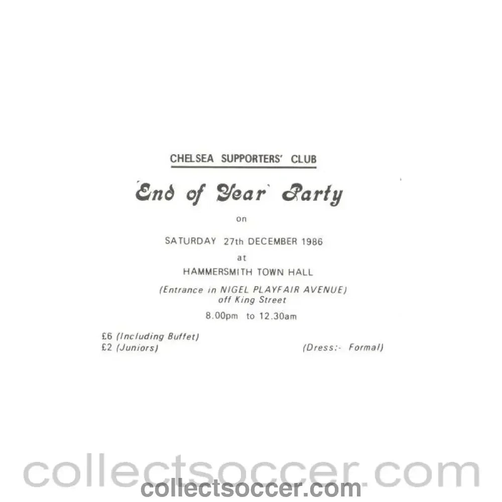 1986 - Chelsea Supporters' Club End of the Year Party pass 27/12/1986 - Collect Soccer