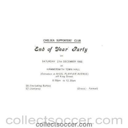 1986 - Chelsea Supporters' Club End of the Year Party pass 27/12/1986 - Collect Soccer